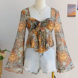 Boho Sun and Moon Mesh Bell Sleeve Top